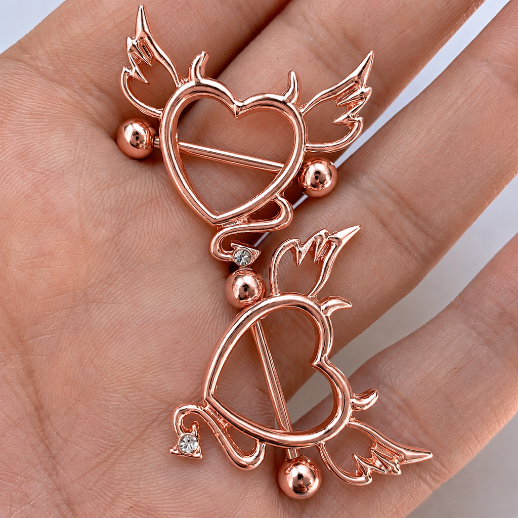 14G 9/16 Clear Gem Rose Gold Tone Devil Heart Nipple Shield Set