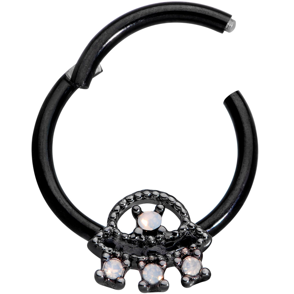 16G 3/8 White Faux Opal Black UFO Hinged Segment Ring