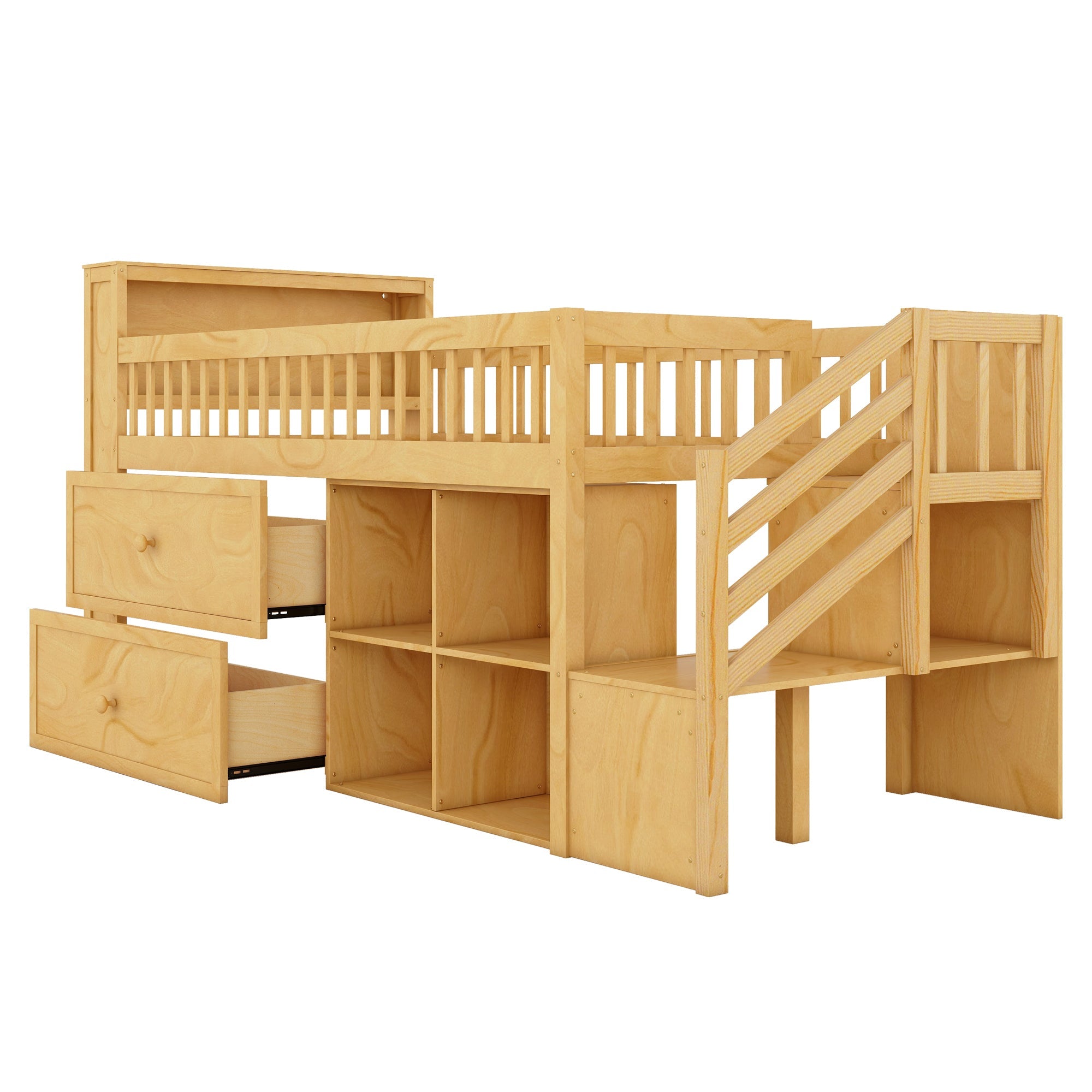 Twin Size Loft Bed with LED and Bookshelf, Wood Low Loft Bed with Stairs, Kids Twin Loft Bed with Storage Drawers and Shelves, Natural (Expect Arrival Date 2025/1/20)