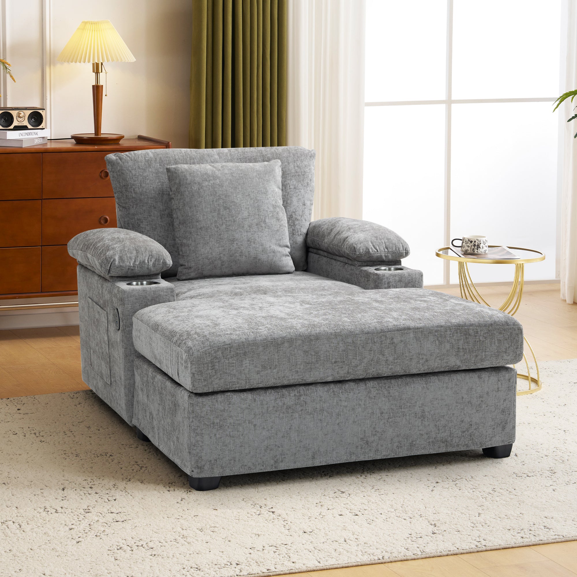 Modern Oversized Chair with Ottoman,Chenille Fabric Sofa Bed,Accent Chair Comfy Sofa with Cupholders and USB Charging Ports Chair for Living Room,Bedroom,Apartment