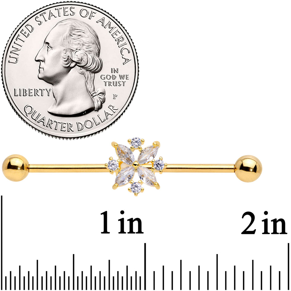 14G Clear CZ Gem Gold Tone Star Burst Industrial Barbell 38mm