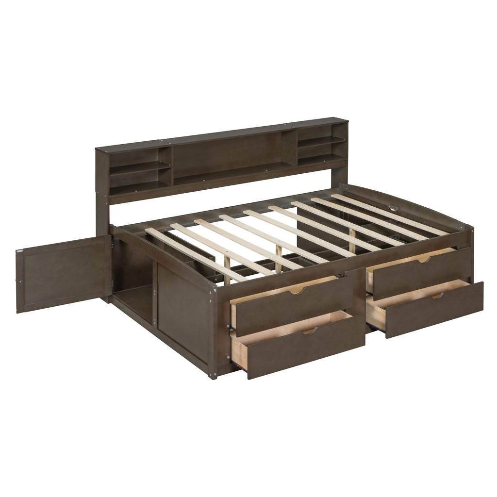 Full Size Wood Daybed with 2 Bedside Cabinets, Upper Shelves and 4 Drawers, Antique Brown