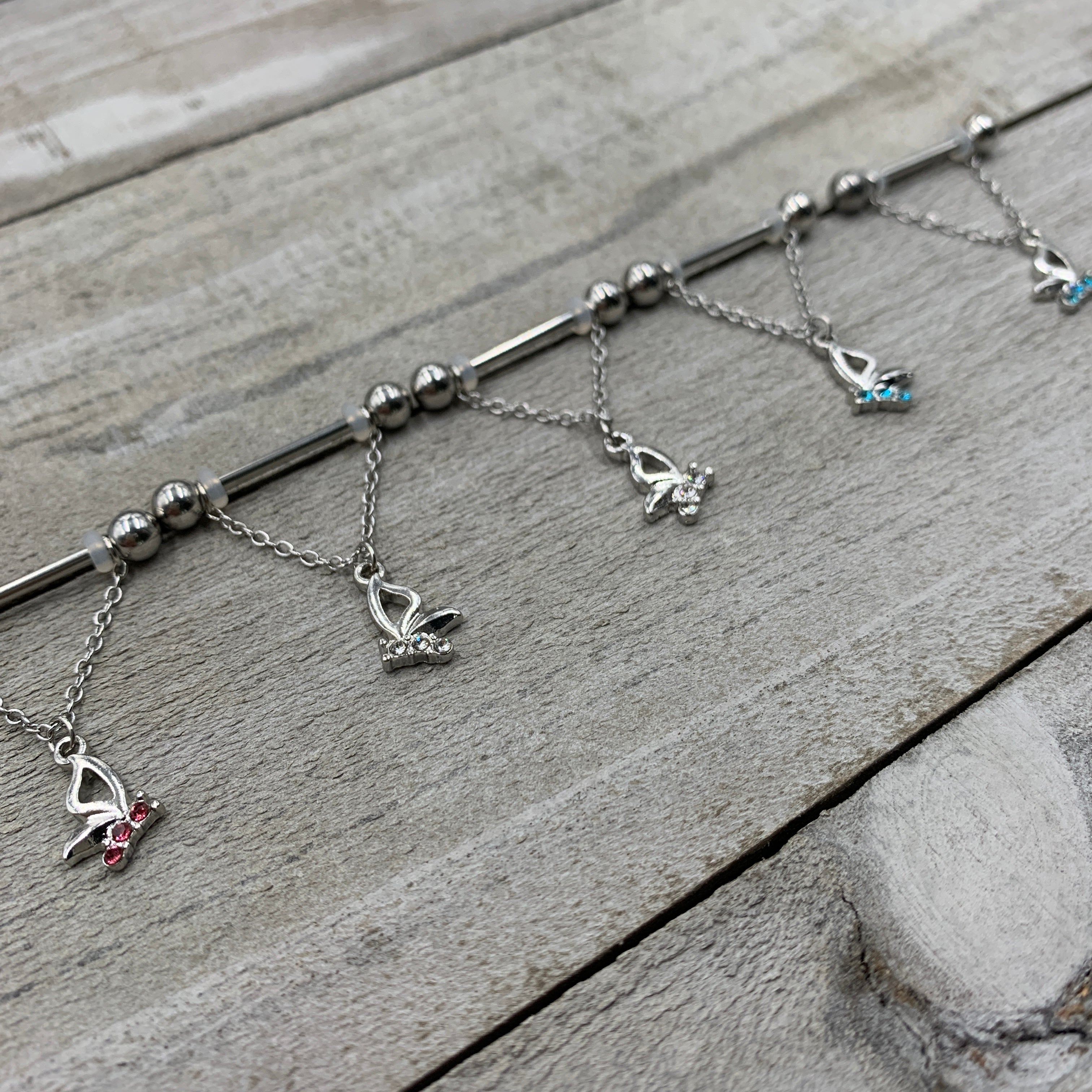 14G 5/8 Clear Gem Butterfly Dangle Nipple Ring Set