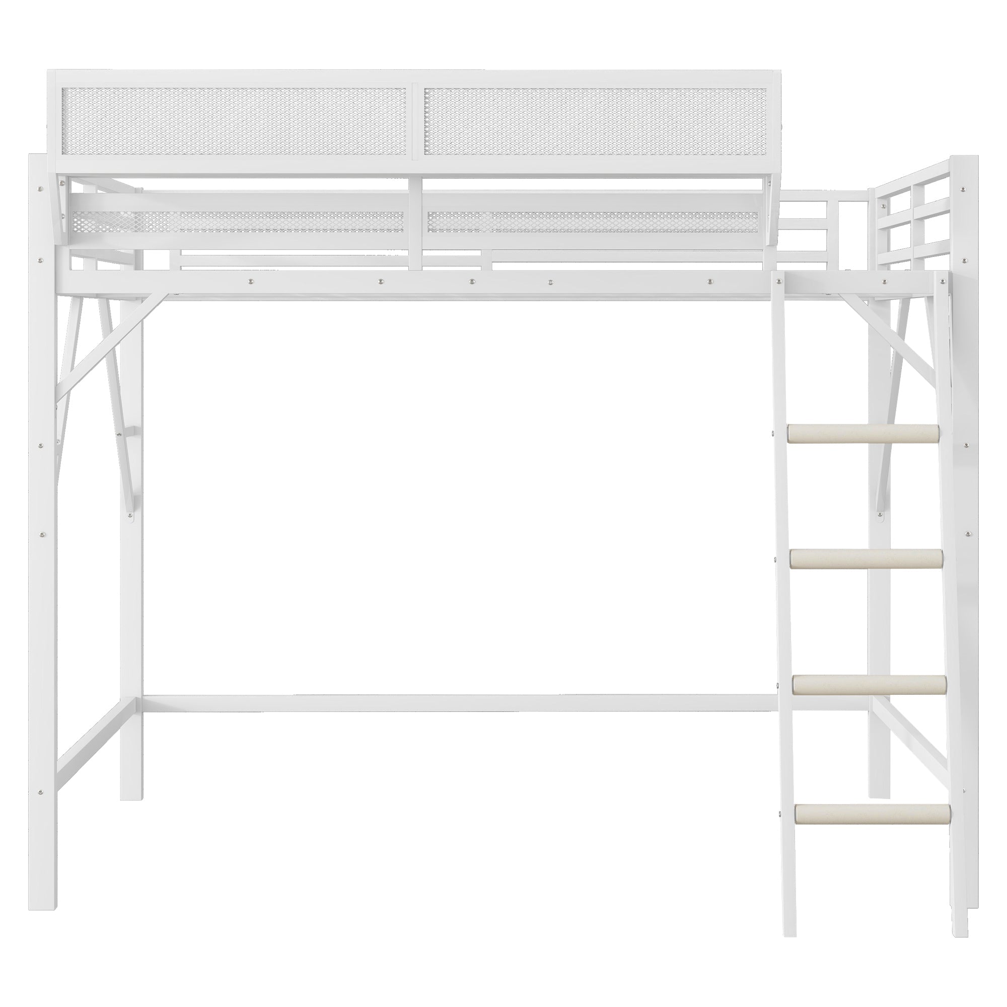 Queen Size Loft Bed with Ladder, Metal Queen Loft Bed with Storage Shelves, High Loft Bed for Kids Teens, White(Expect Arrival Date 2025/12/3  Old SKU W2580P351278)