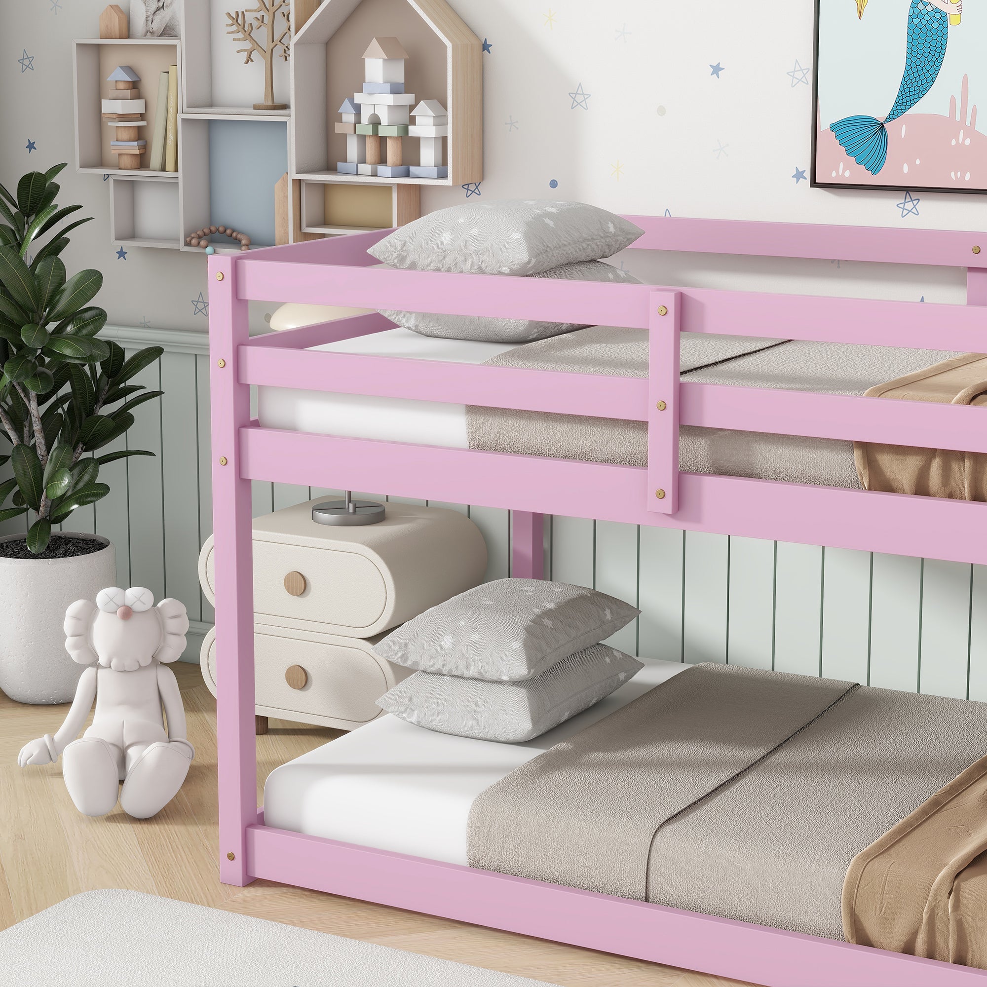Solid Wooden, Solid Rubber Wooden Twin over Twin Floor Bunk Bed with Ladder, with Bed Platform of Strengthened Slats , Pink
