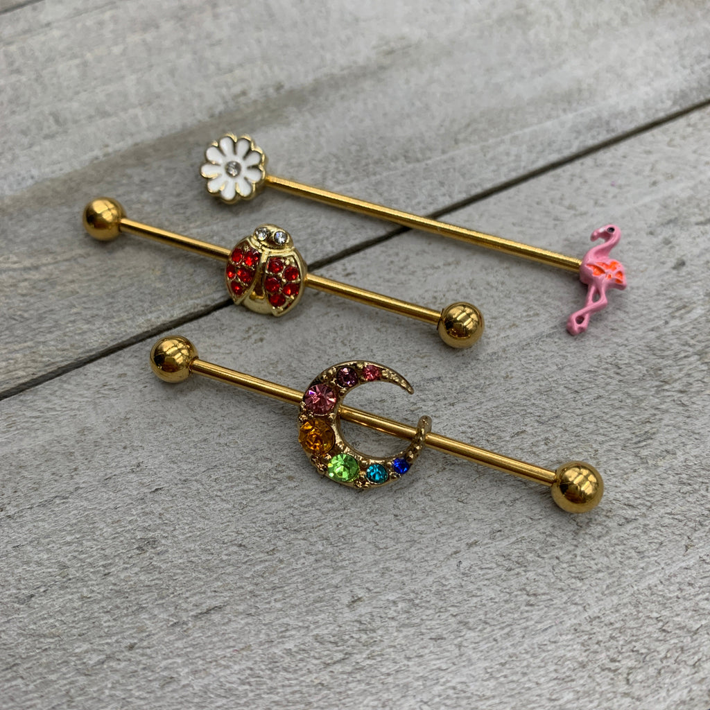14G Red Gem Gold Tone Ladybug Industrial Barbell 38mm