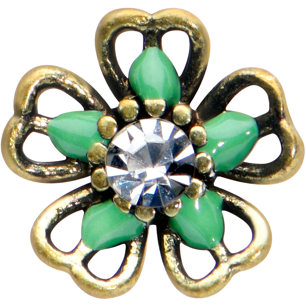 16G 5/16 Clear Gem Gold Tone Green Flower Labret Monroe Tragus