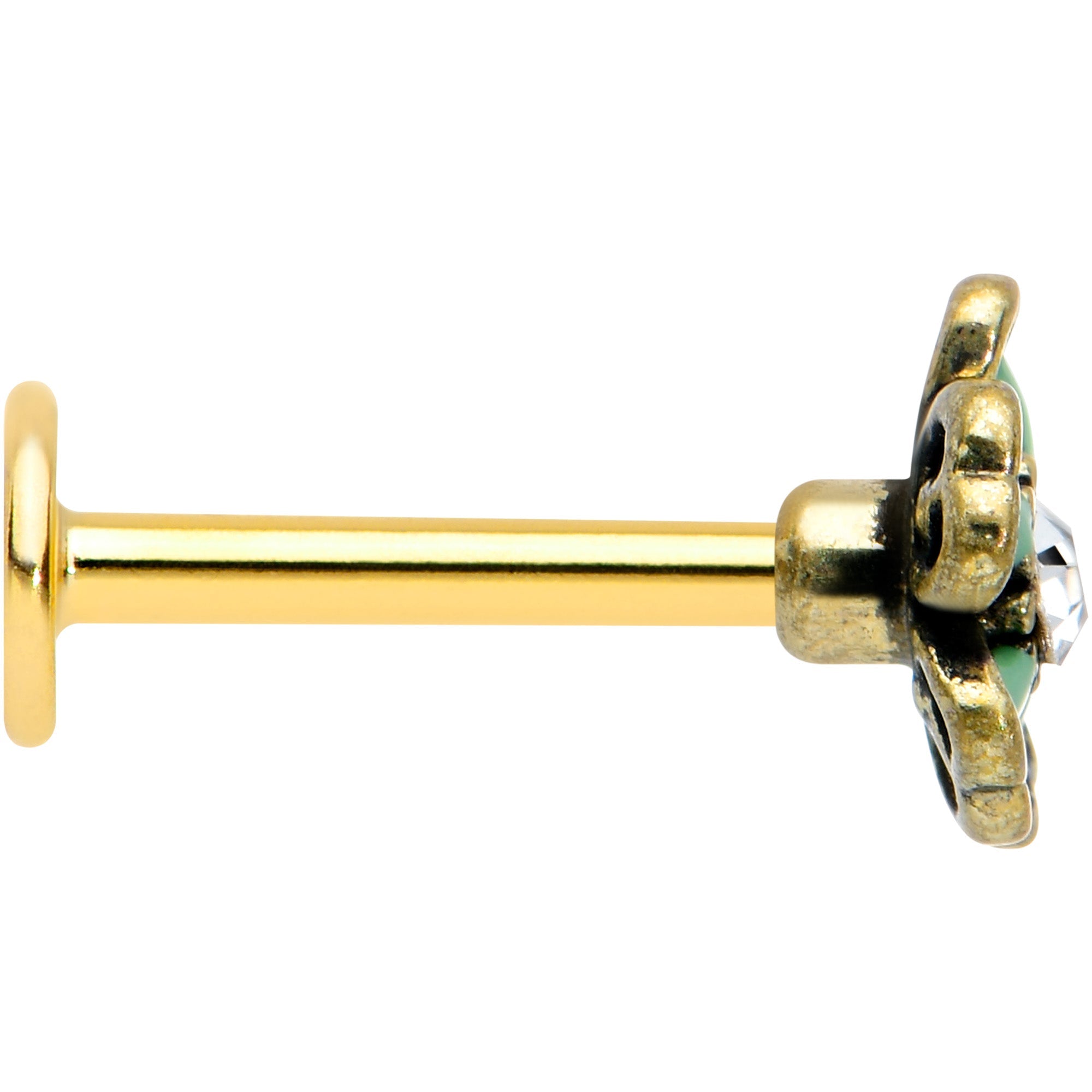 16G 5/16 Clear Gem Gold Tone Green Flower Labret Monroe Tragus