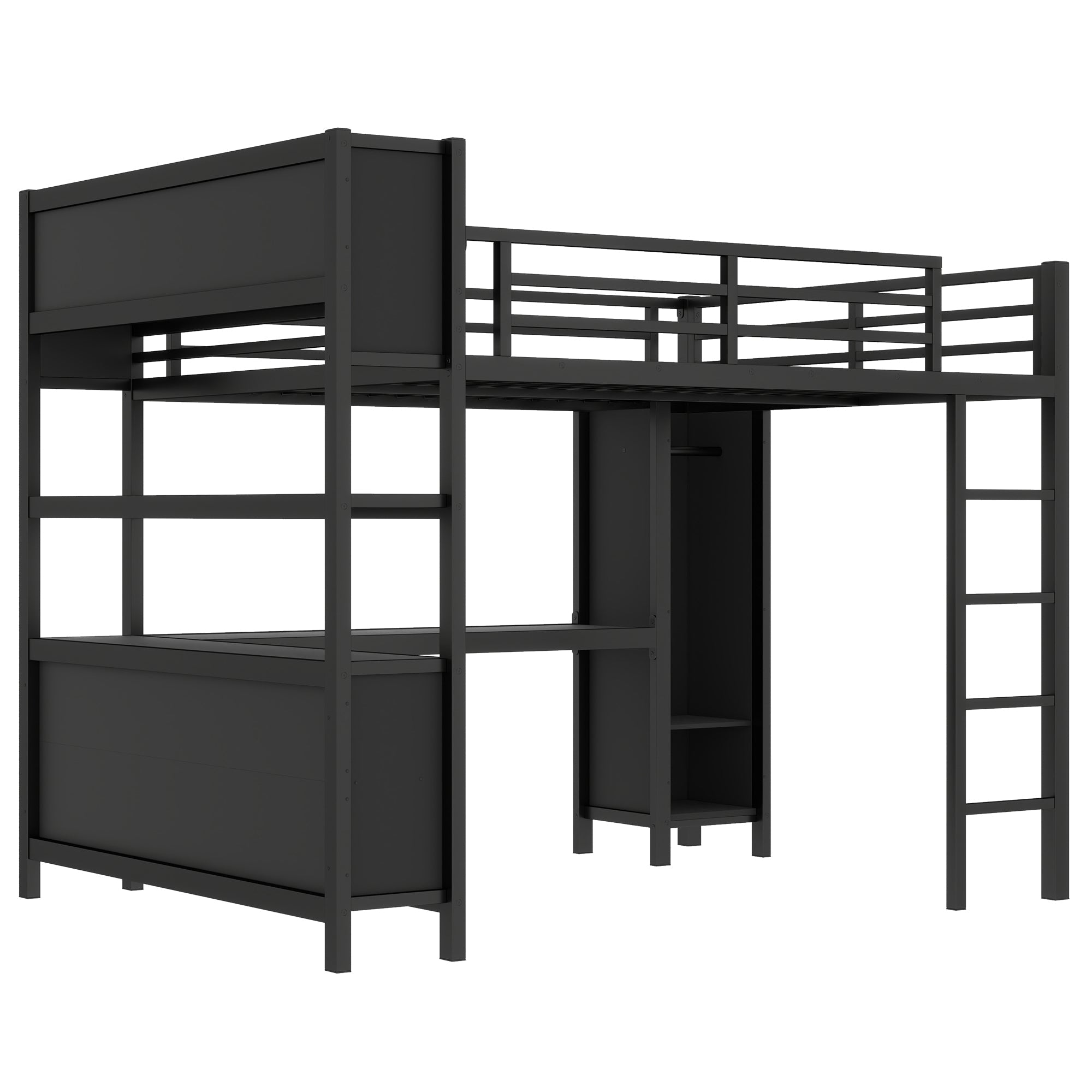 Metal Loft Bed with Wardrobe And L-shaped Desk, Queen Size Loft Bed with Storage Cubes and Shelves, Heavy Duty Loft Bed for Kids Teens Adults, Black