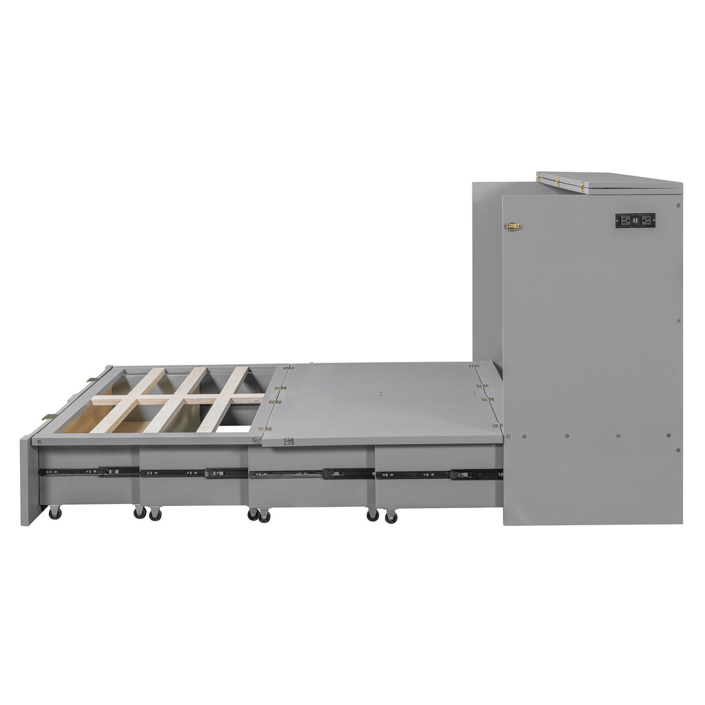 Queen Size Murphy  Bed with drawer and a set of Sockets & USB Ports, Pulley Structure Design, Gray