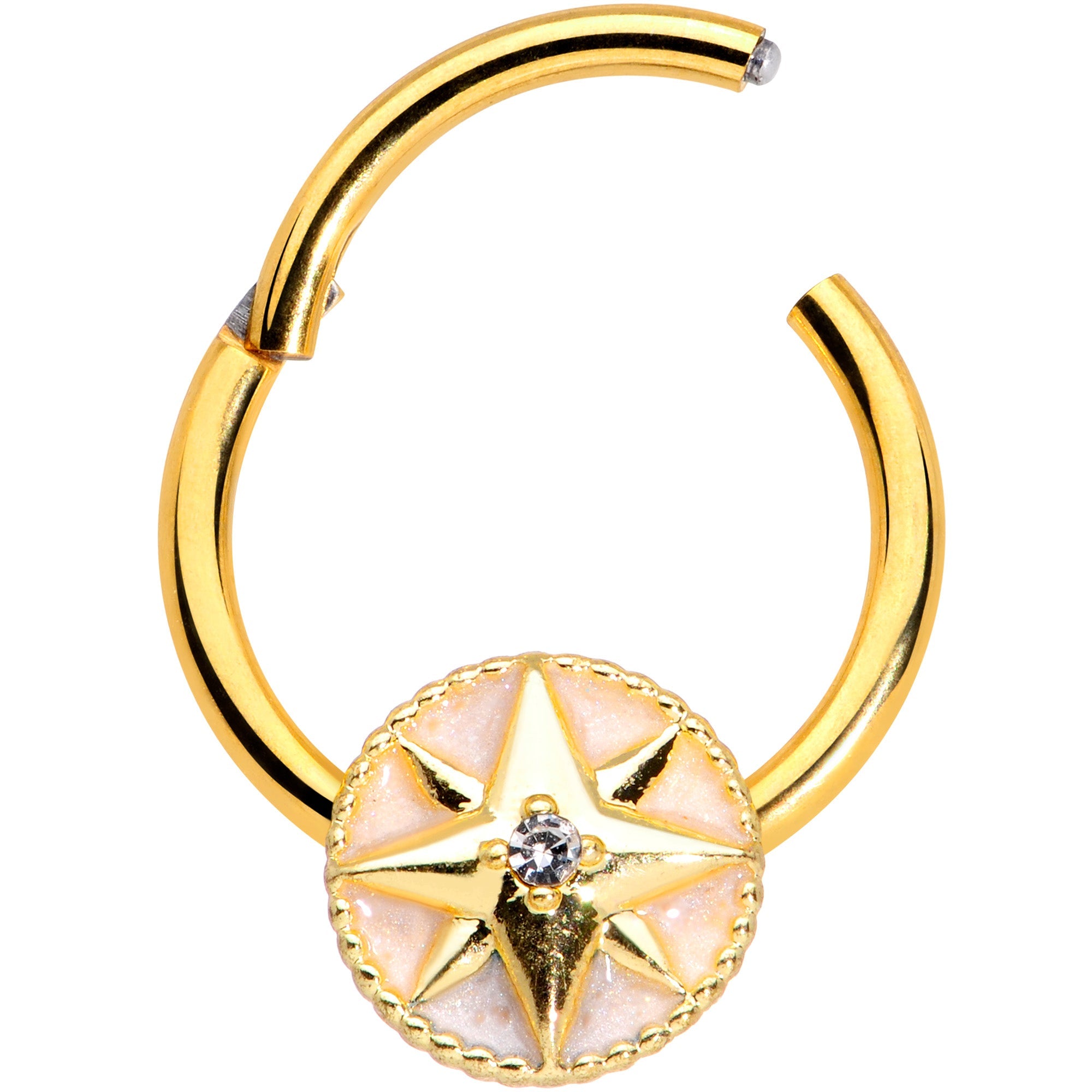 16G 3/8 Clear Gem Gold Tone Sailors Compass Hinged Segment Ring