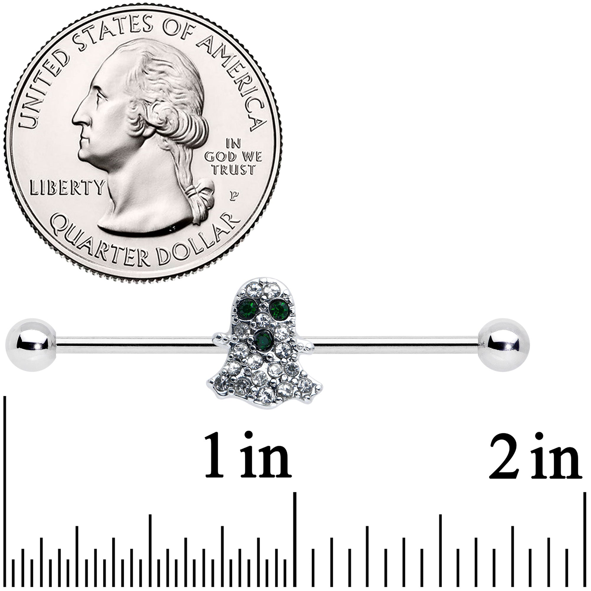 14G Clear Black Gem Scary Ghost Halloween Industrial Barbell 38mm