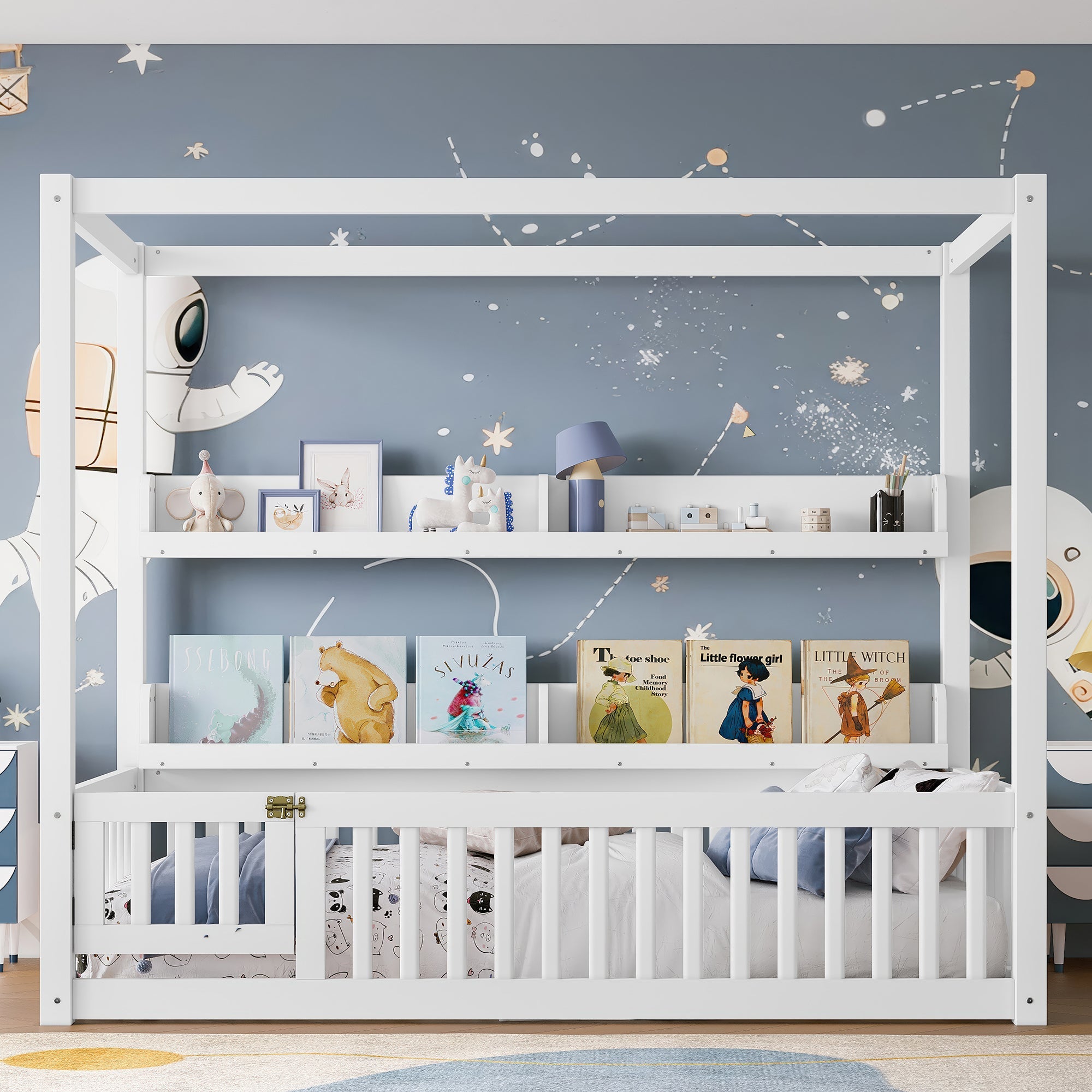 Twin Size Canopy Bed with Guardrails, Solid Wood Floor Bed with Shelves, Montessori Floor Bed Frame for Kids, Boys, Girls, No Spring Box Needed, White