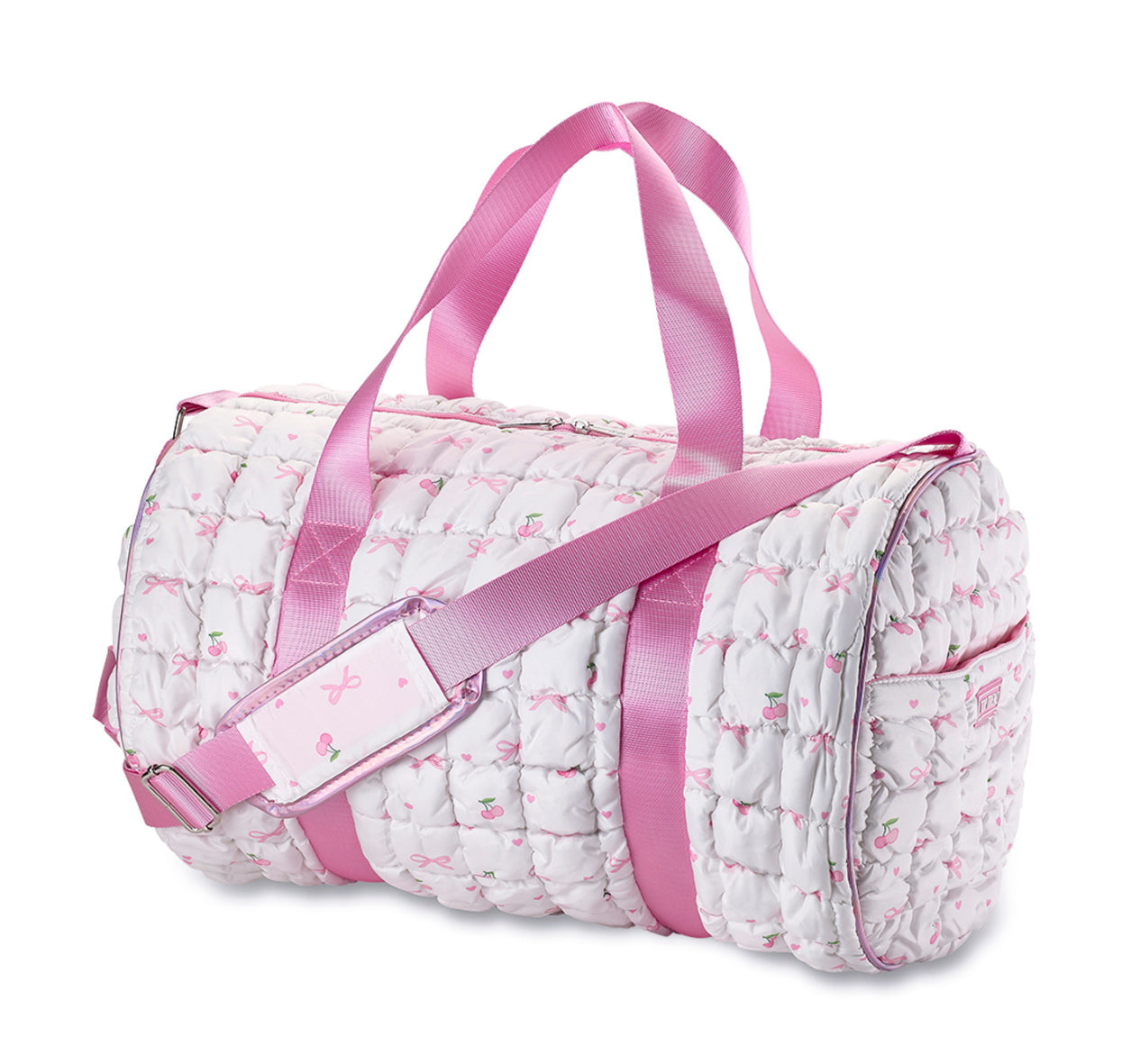Top trenz White Scrunchie Puffer Duffle with Bow and Cherry Pattern