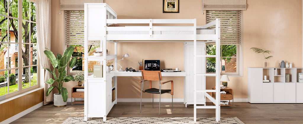 Wood Loft Bed with Cabinet and Bookshelf, Queen Size Loft with Wardrobe and Desk for Kids,White