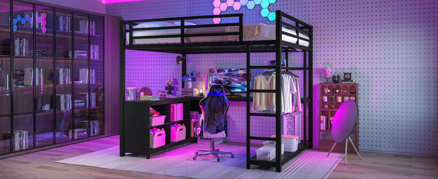 Metal Loft Bed with Wardrobe and L-shaped Desk, Queen Size Loft Bed with Storage Cubes and Shelves, Loft Bed for Kids Teens Adults, Black