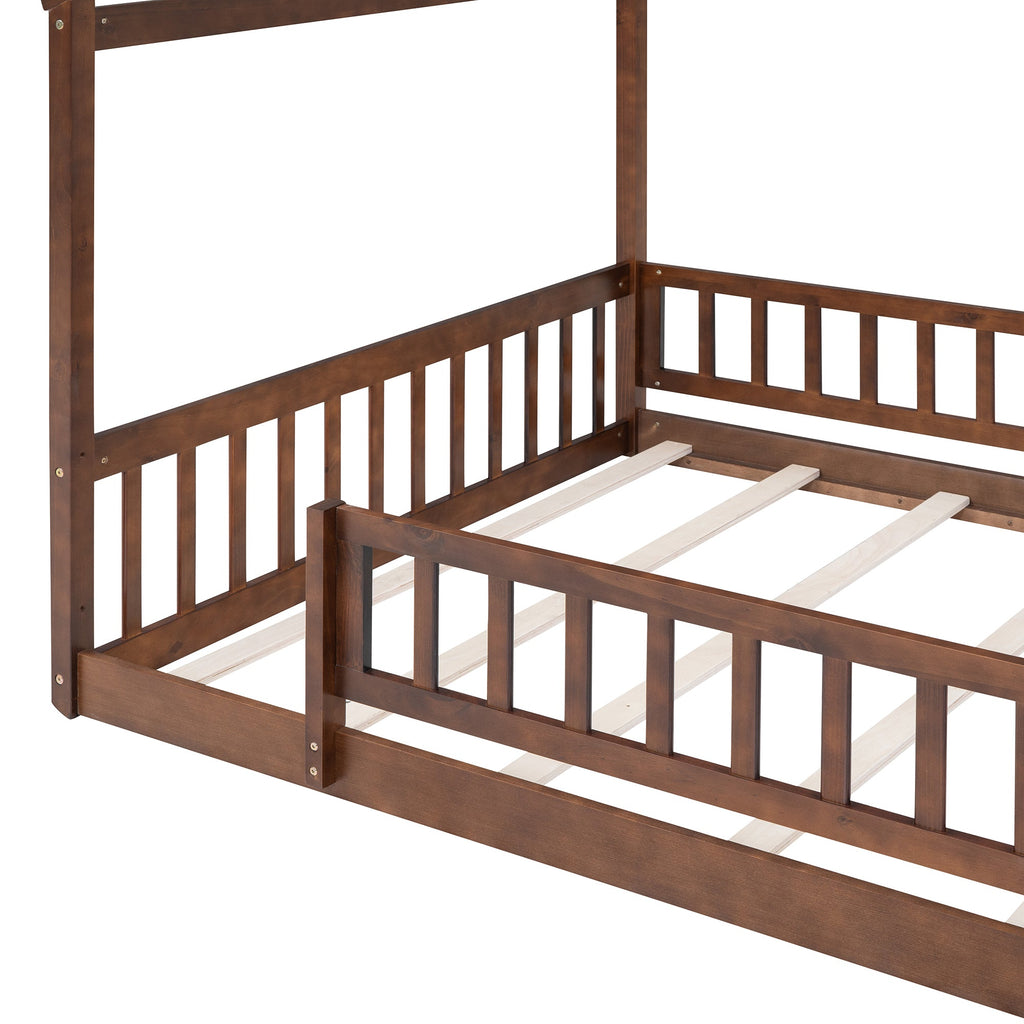 Full Size Wood Bed House Bed Frame with Fence, for Kids, Teens, Girls, Boys,Walnut
