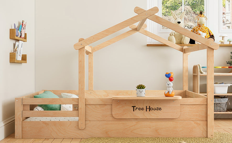 Full Size Floor Bed with Guardrails and Roof, Kids House Floor Bed with a Small Built-in Tray and Free-installed Signboard, Childlike Design, Natural