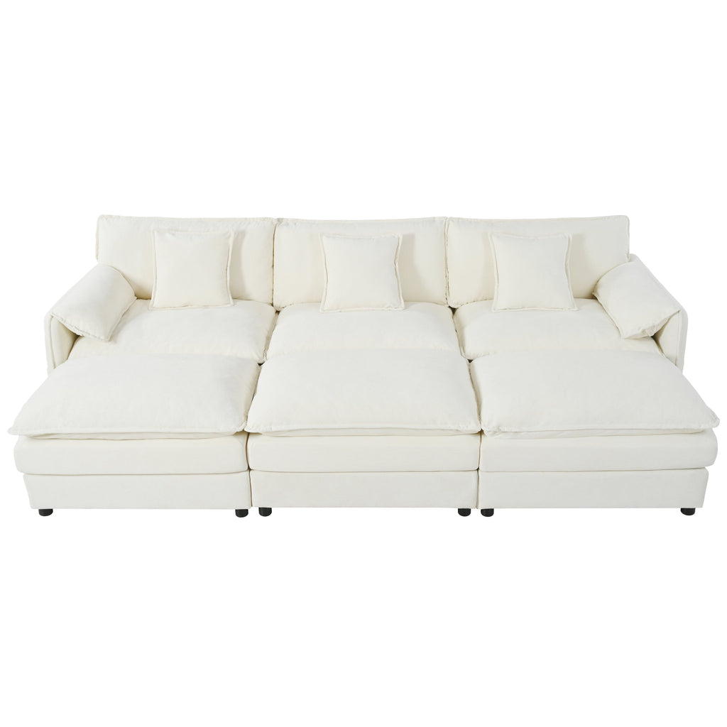 Oversized Deep Seat Sectional Cloud Sofa Sleeper with 3 Ottomans & Soft Pillows, Modular Couch Bed for Living Room, Apartment, DIY Combination Chenille,Beige