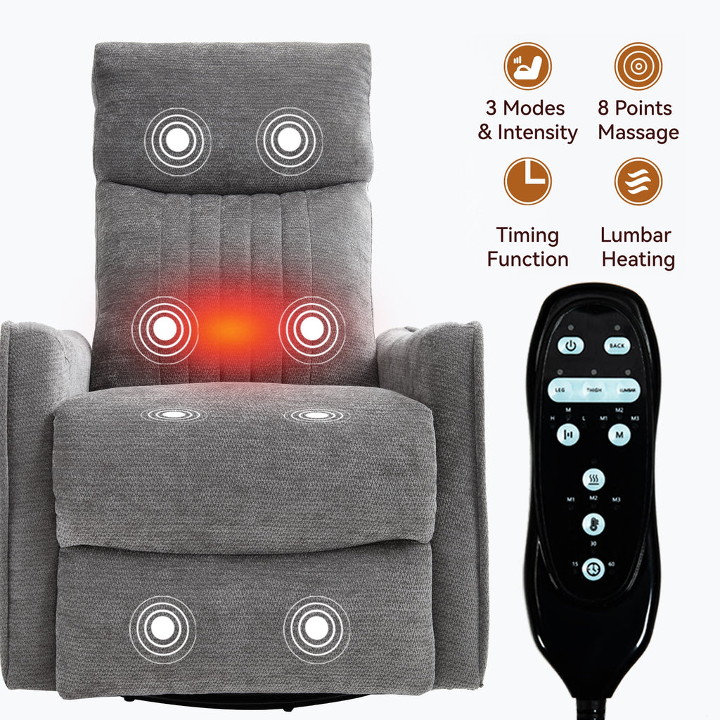 Dark Grey Heat Massage Manual Recliner Chair with Rocker and Swivel in Fabric for Living Room