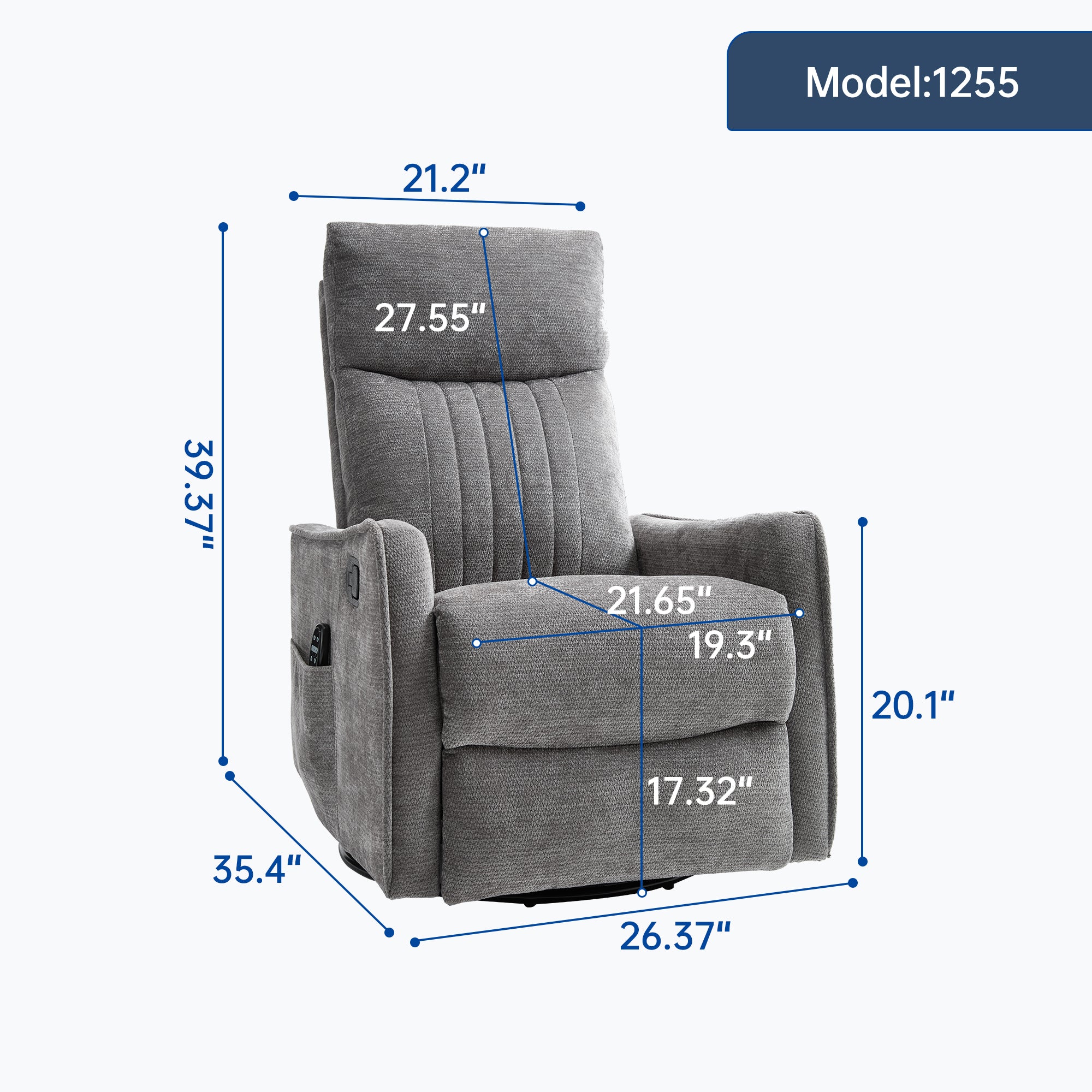 Dark Grey Heat Massage Manual Recliner Chair with Rocker and Swivel in Fabric for Living Room