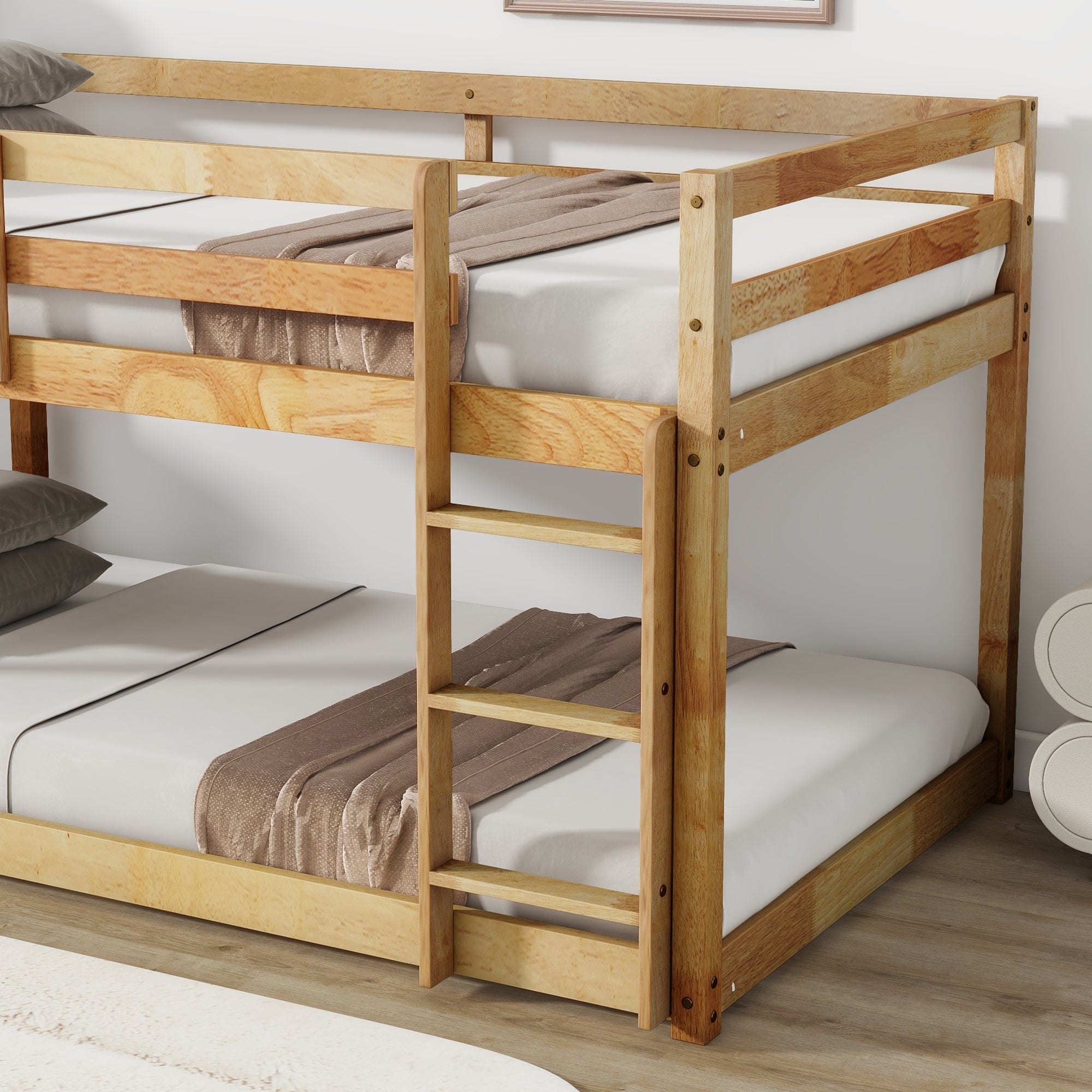 Solid Wooden, Solid Rubber Wooden Twin over Twin Floor Bunk Bed with Ladder, with Bed Platform of Strengthened Slats  , Natural