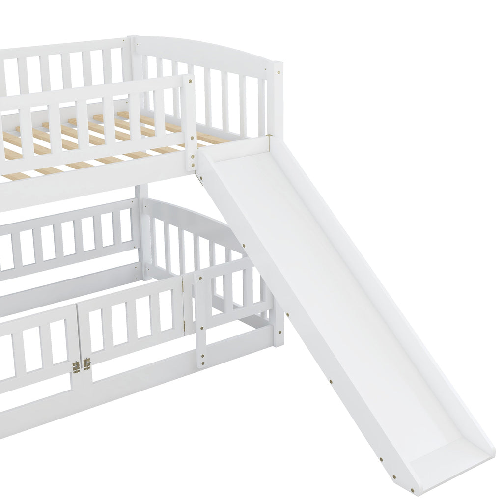 Bunk Bed with Slide,Twin Over Twin Low Bunk Bed with Fence and Ladder for  Kids Teens White