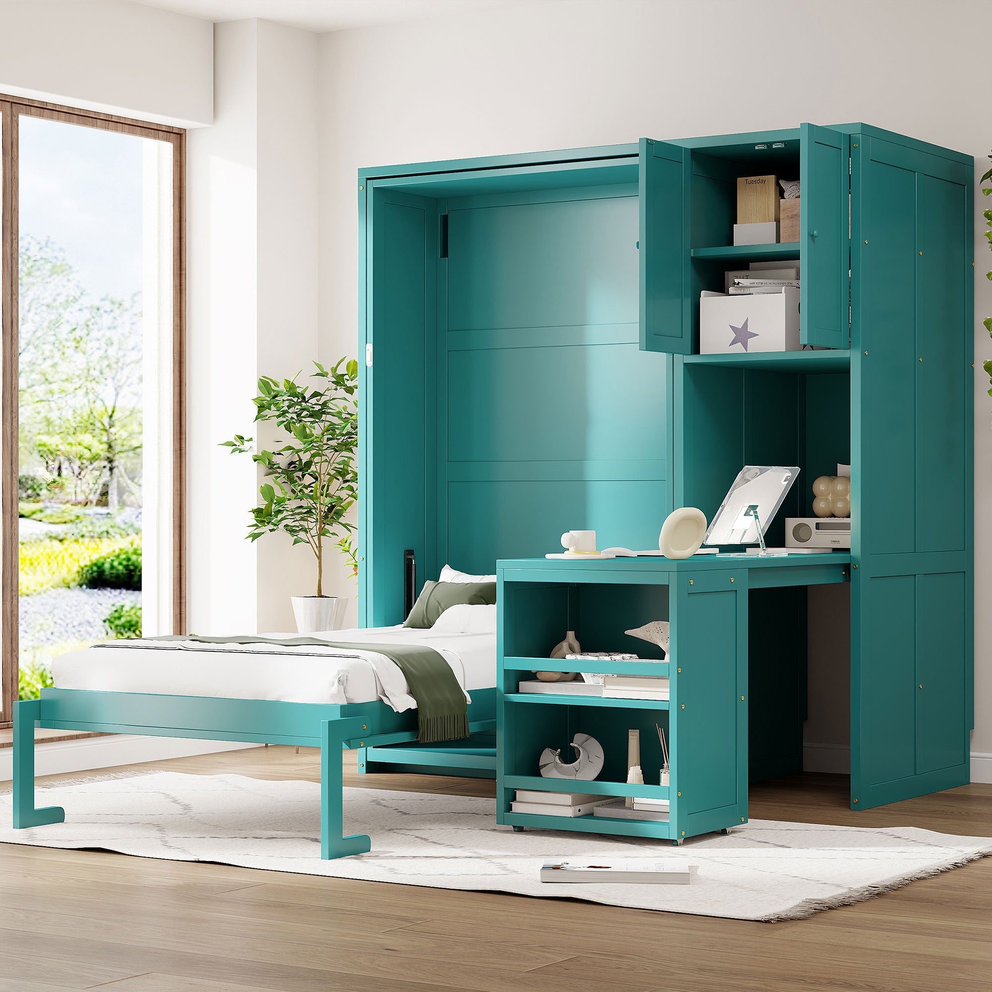 Twin Size Rotating Wall Murphy Beds with Bookshelf, Top Cabinet, Extendable Desk & Side Storage, Teal
