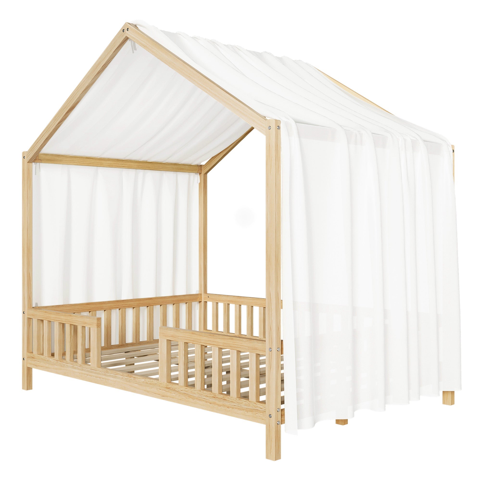 Montessori Floor Bed with Canopy, Full Bed Frame for Kids, House Shape Kids Bed Frame with High Railings, Wood Kids Bed with Roof, Kid Full Bed, Natural