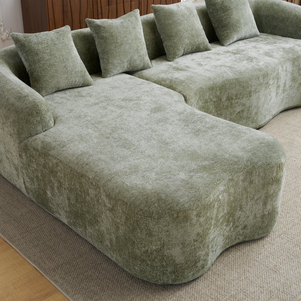 Full Compression L-Shape Sectional Sofa with Curved Chaise, Green Modular Chenille Couch, High-Density for Apartment Living Room