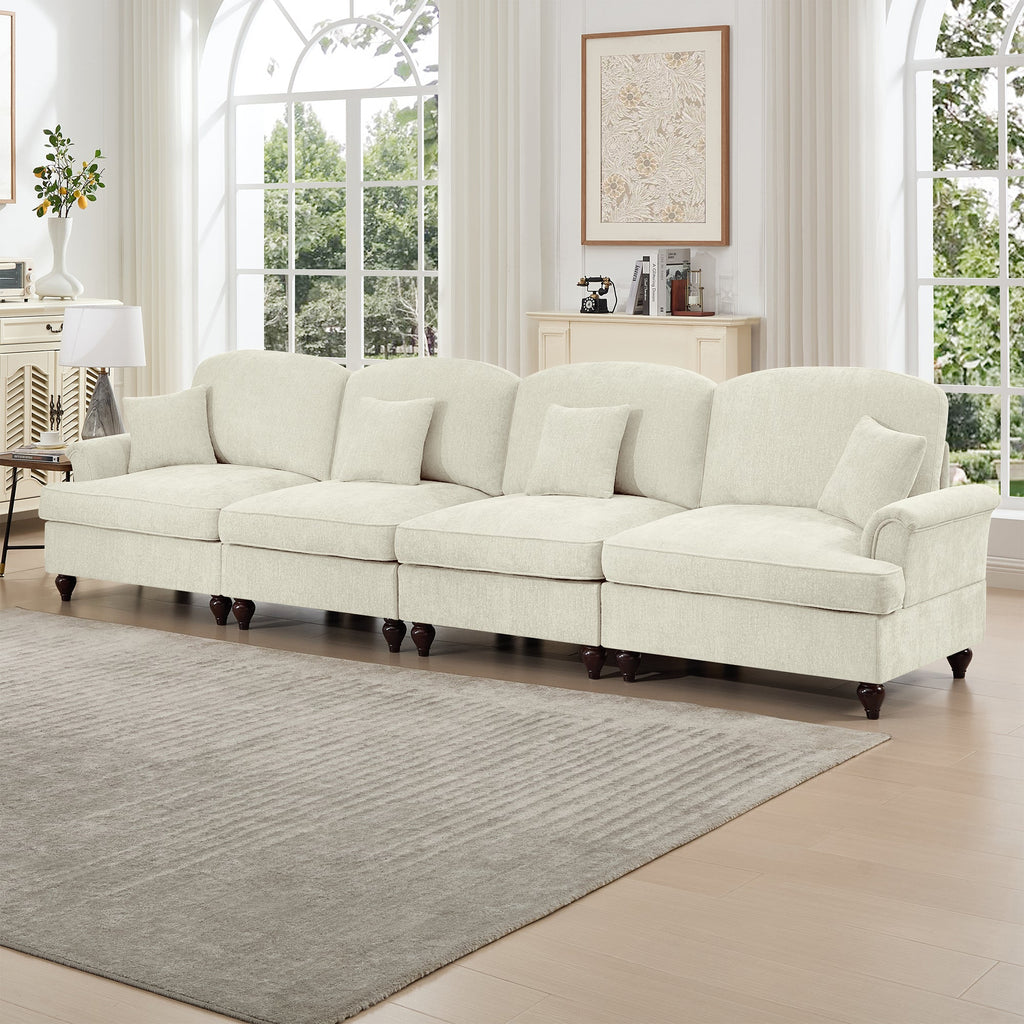 Elegant Mid Century Large 4 Seater Sofa Couch with Flared Arms and Removable Ruffles Pleats Skirts and Spindle Legs, Comfy Chenille Four-Seat Sofa for Living Room, Beige White