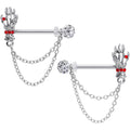14G 9/16 Red Gem Skeleton Hands Halloween Dangle Nipple Ring Set