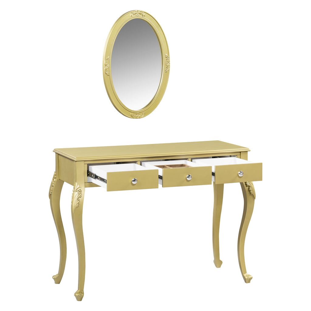 Luxury Makeup Vanity Desk with Oval Mirror, 3-Drawer Dressing Table for Jewelry Storage, Elegant Console Table for Entryway, Living Room & Bedroom, Stylish Home Decor,Gold