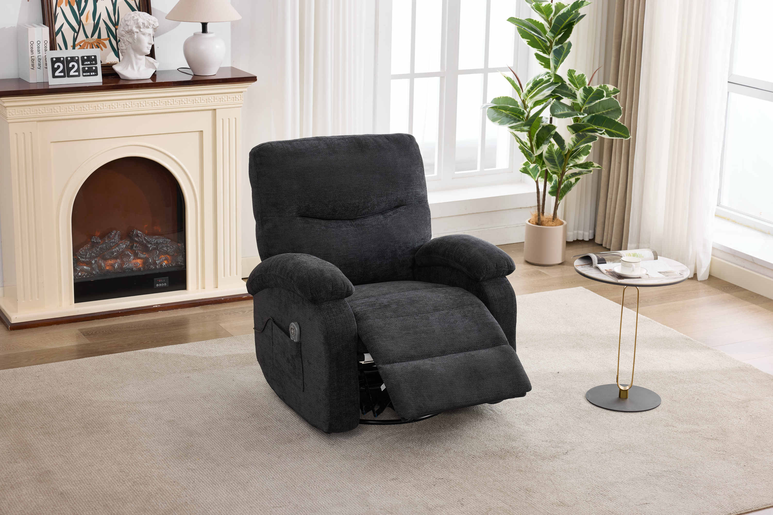 Hot massage manual lounge chair, with rocker arms and rotating fabric, with cup bucket, for living room, black