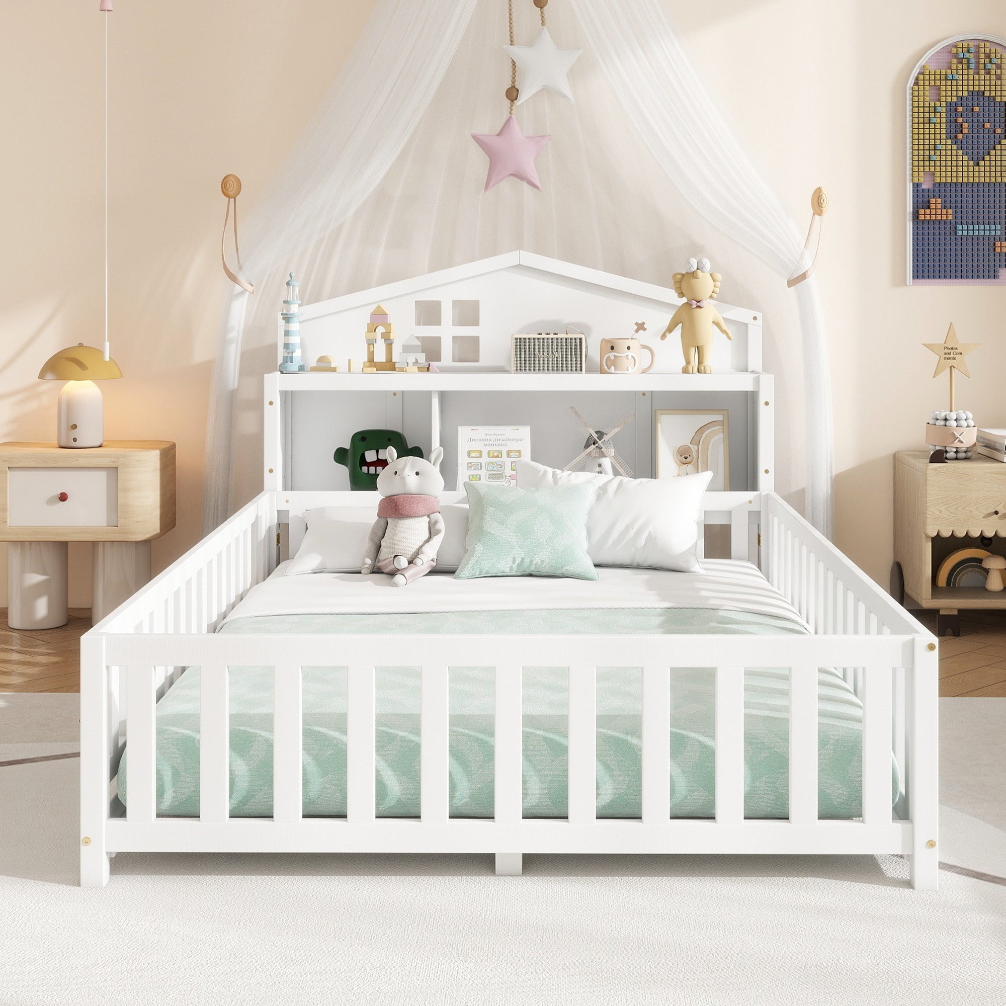 Full-size Montessori Floor Bed with Bookcases and Blackboards, Versatile Platform Beds with Guard rails, Solid Wood Floor Beds with Storage Headboards, Floor Beds for Kids and Teens White