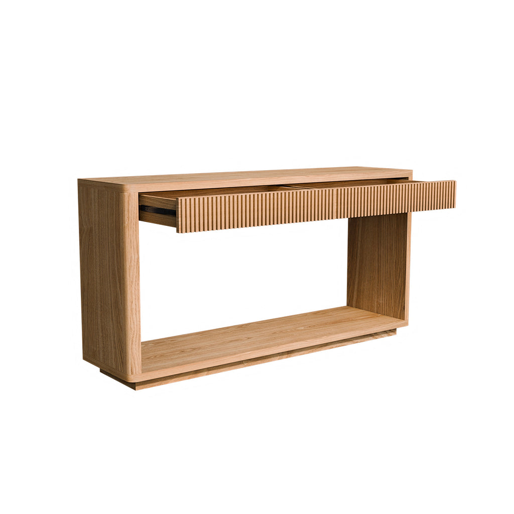 60' Modern 2-Drawer Fluted Console Table Natural Wood Veneer Sofa Table Behind Couch Table for Living Room, Hallway, Entryway, Home Office, Natural Wood