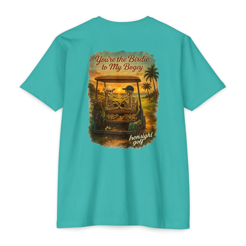 Birdie to My Bogey T-Shirt — Skeleton Couple in Golf Cart Tropical Sunset
