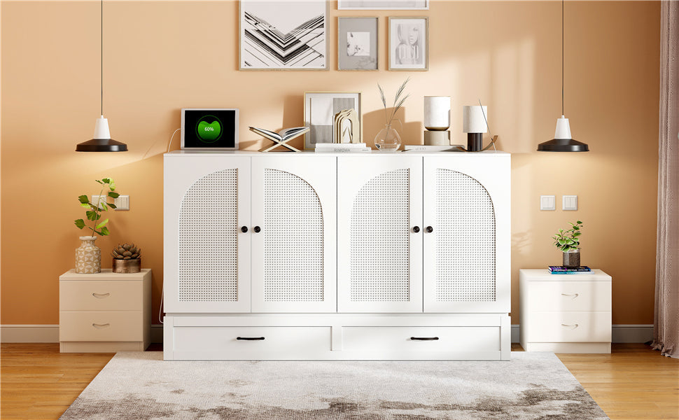Queen Size Murphy Bed with Large Drawers, White