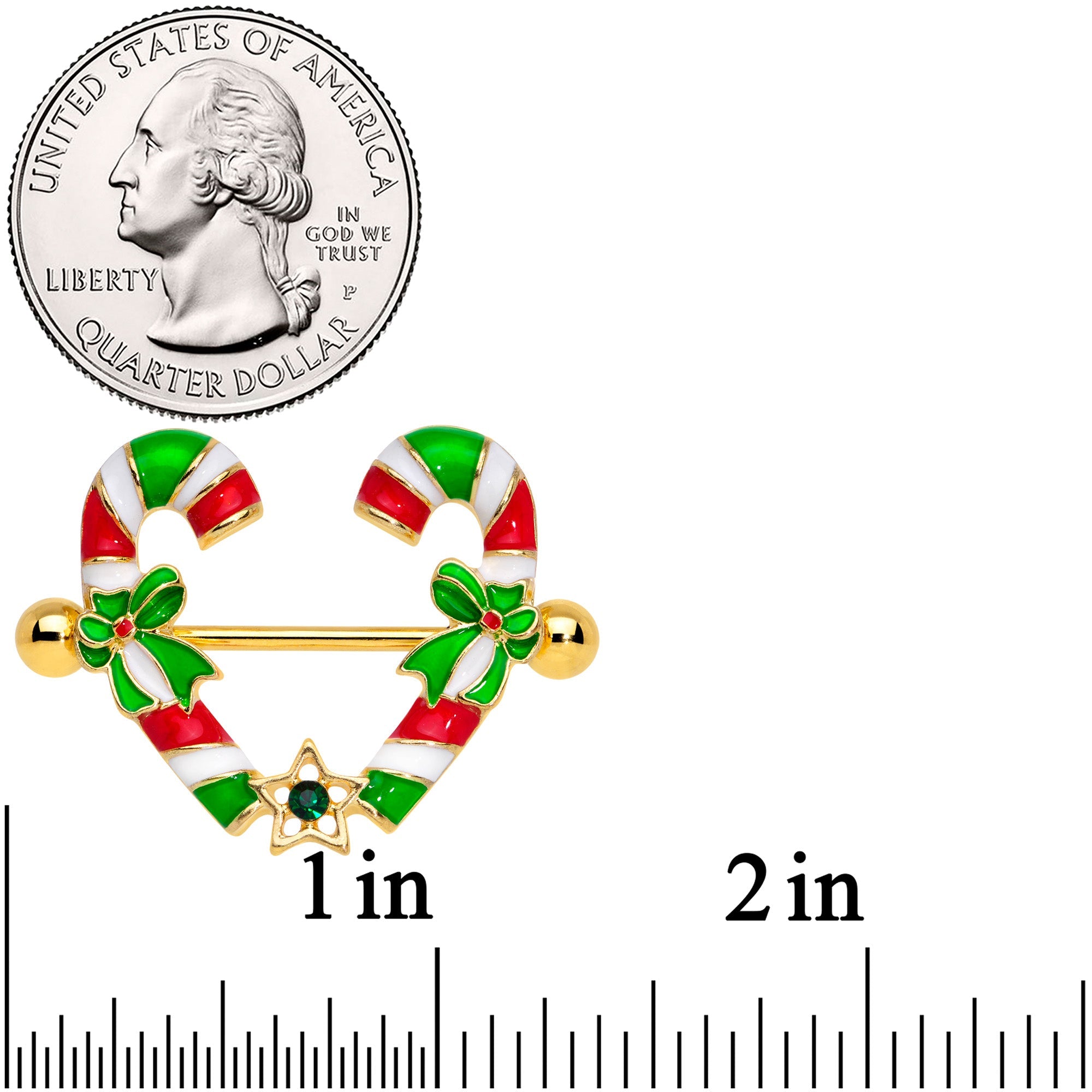 14G 5/8 Green Gem Gold Tone Candy Cane Christmas Nipple Ring Set