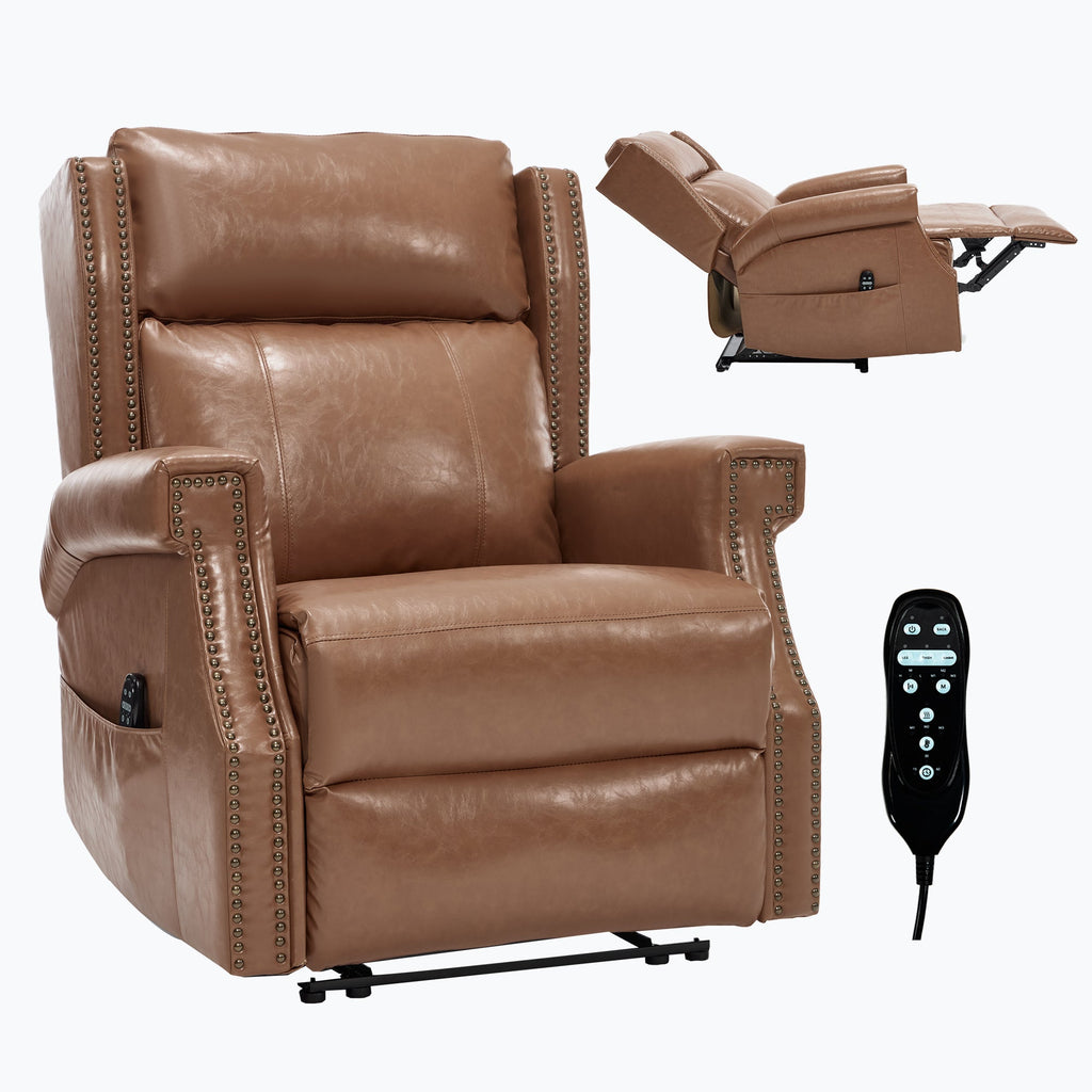Camel Manual Recliner Chair in Faux Leather for Living Room with Heavy Duty Motion Mechanism, 8 vibrating nodes and 3 massage modes.