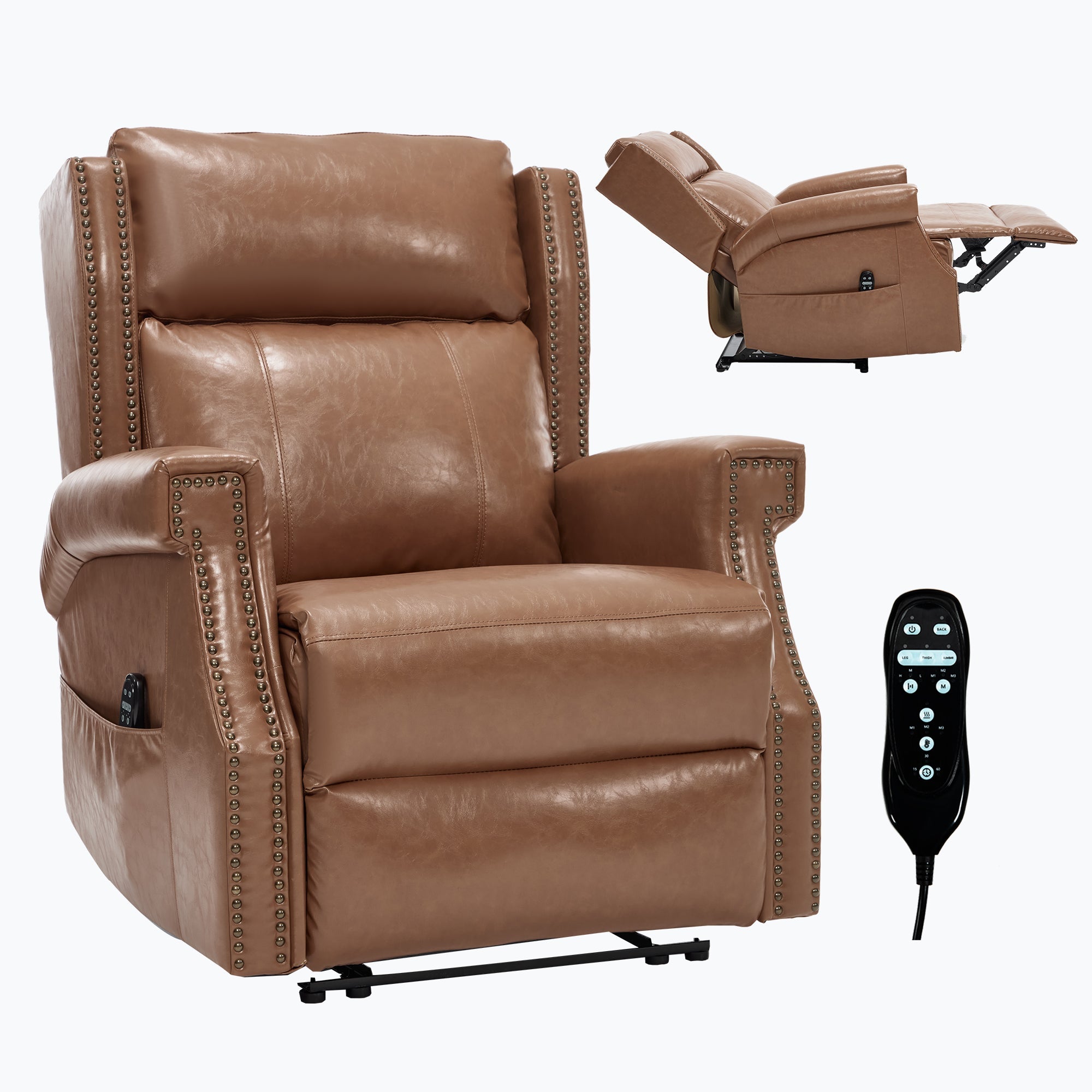 Camel Manual Recliner Chair in Faux Leather for Living Room with Heavy Duty Motion Mechanism, 8 vibrating nodes and 3 massage modes.