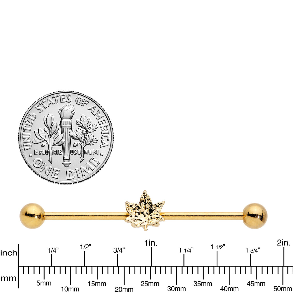 14G Golden Pot Leaf Industrial Barbell 38mm