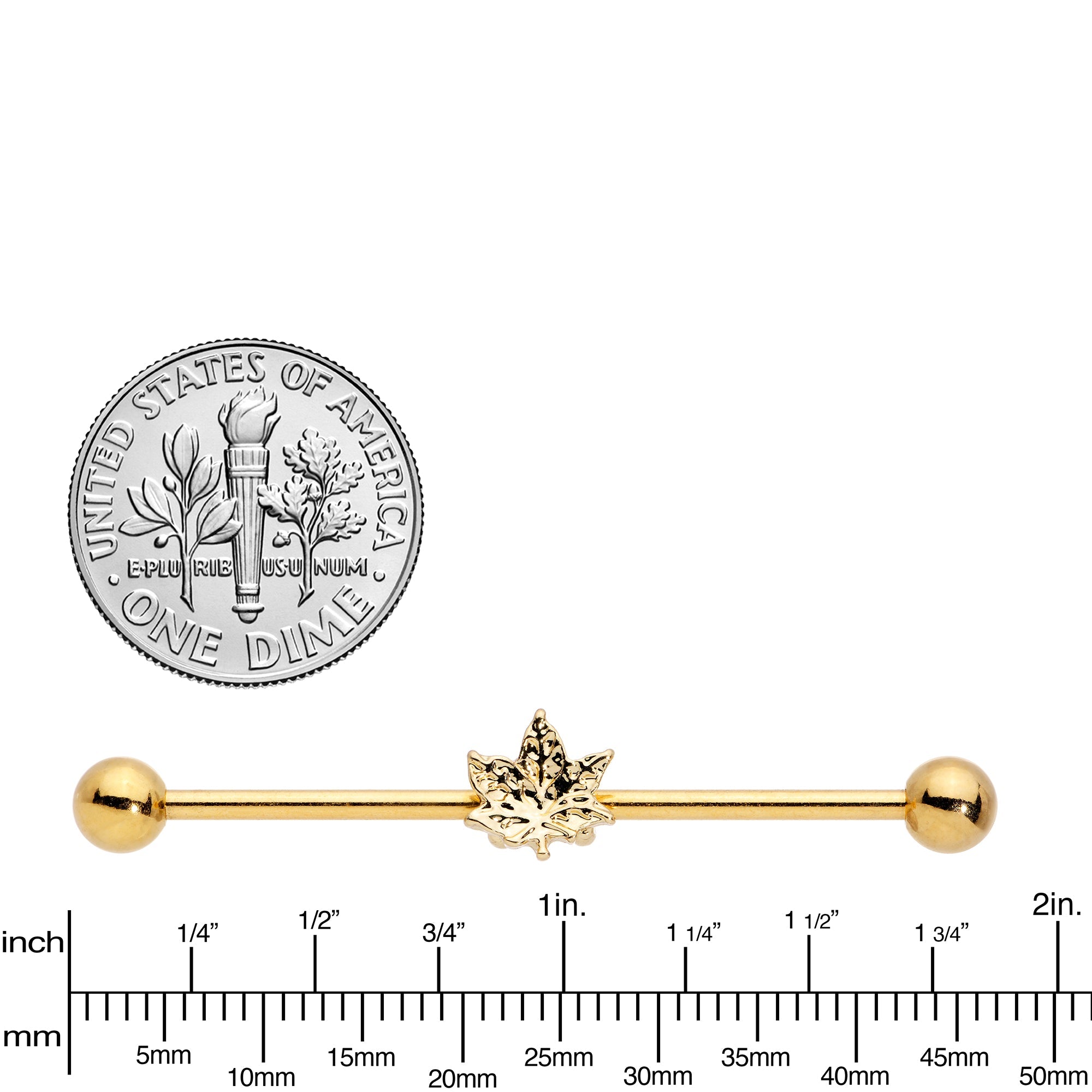 14G Golden Pot Leaf Industrial Barbell 38mm