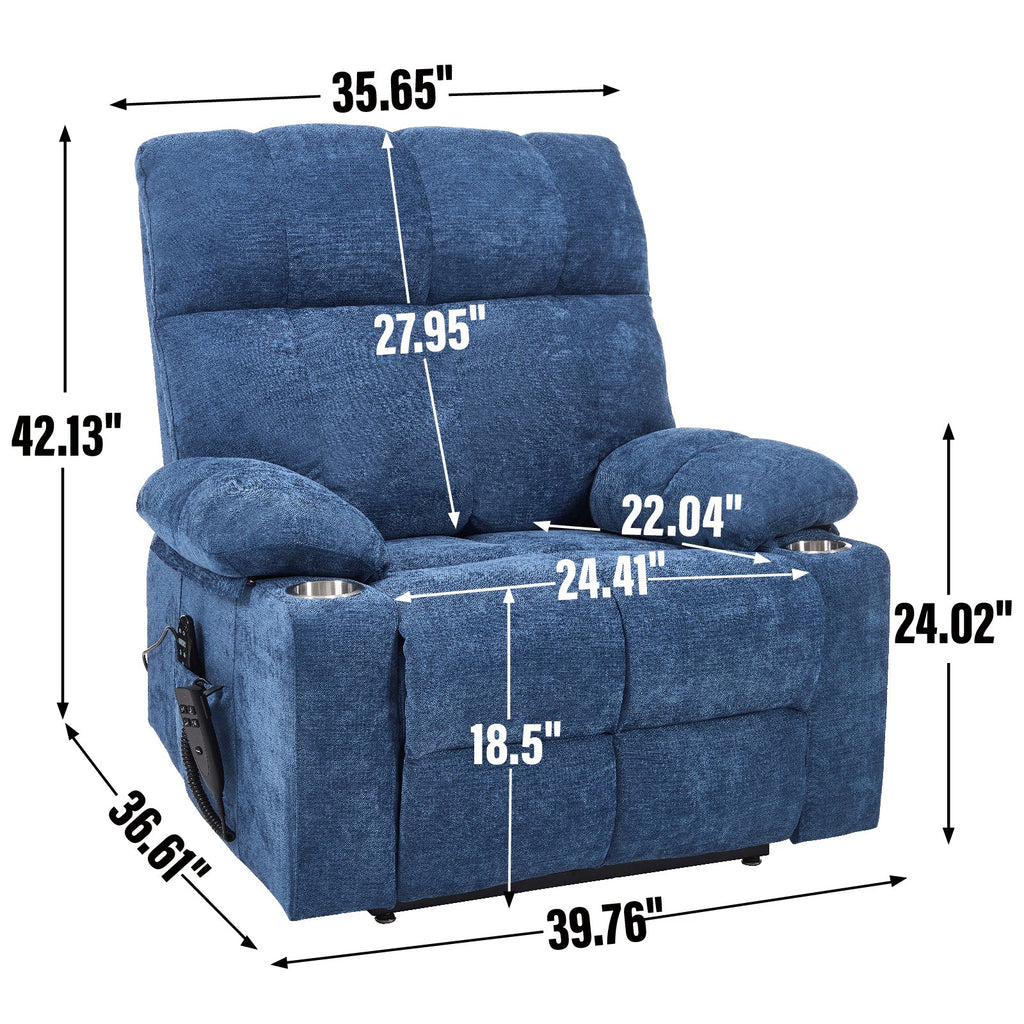Blue Dual Motor Infinite Position Up to 350 LBS Chenille Power Lift Recliner Chair, Heavy Duty Motion Mechanism with 8-Point Vibration Massage and Lumbar Heating, Dual Cup Holders