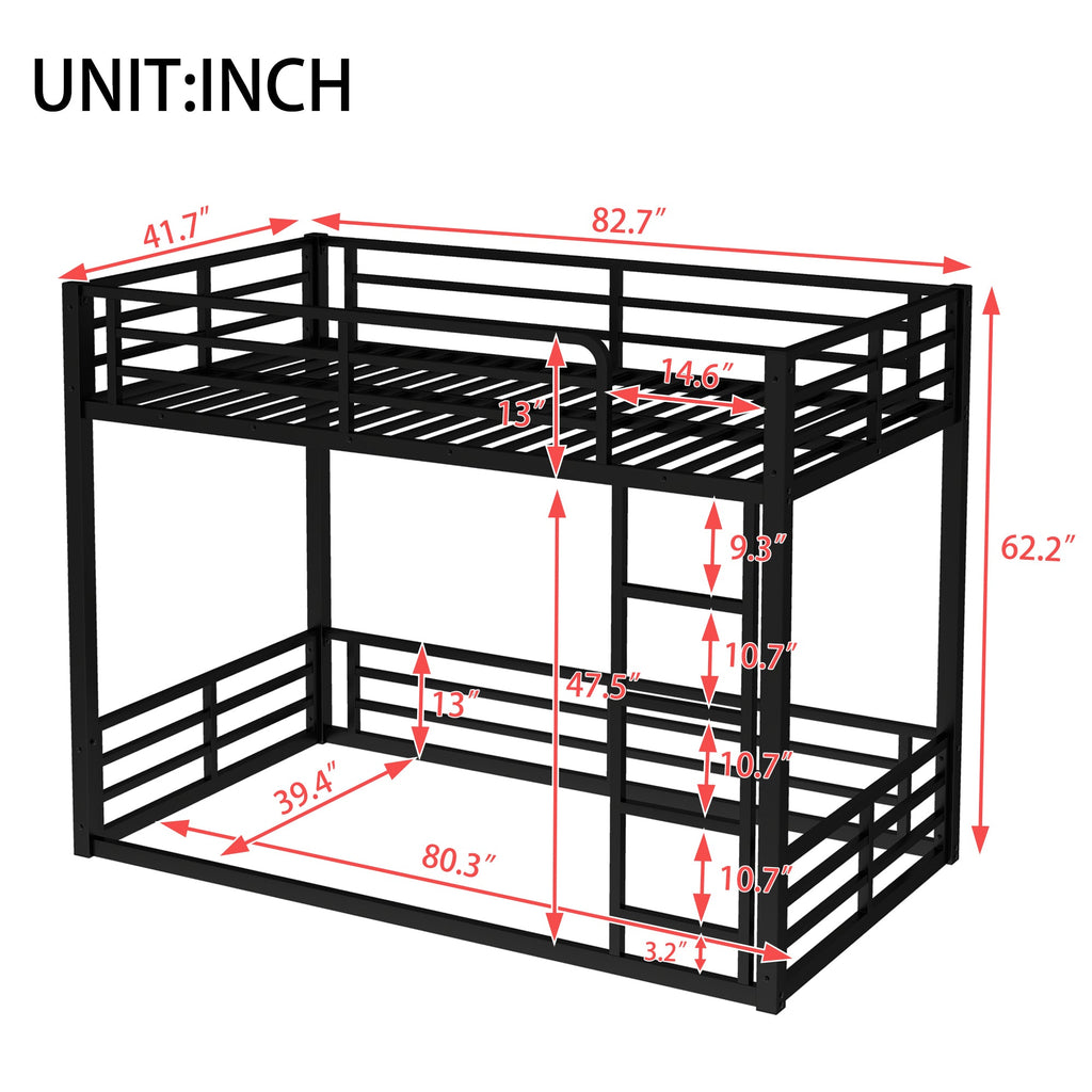 Metal Bunk Bed, Twin XL over Twin XL Floor Bunk Bed Frame, Heavy-Duty Bunk Bed for Kids, Teens, Adults, Noise-reduced Design, Black
