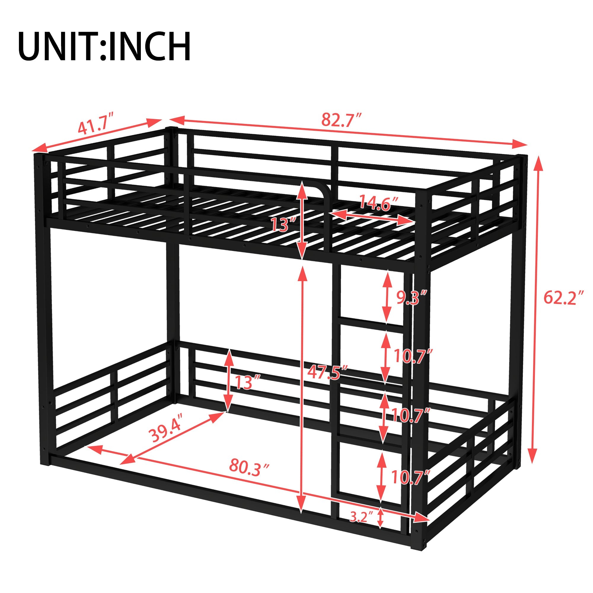 Metal Bunk Bed, Twin XL over Twin XL Floor Bunk Bed Frame, Heavy-Duty Bunk Bed for Kids, Teens, Adults, Noise-reduced Design, Black