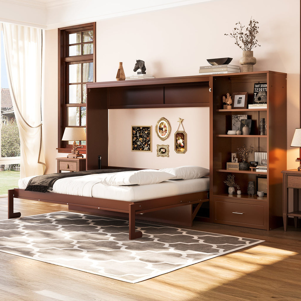 Queen Size Murphy Bed with Height Adjustable Storage Compartments and Shelf, Wall Bed Frame With 1 Drawer, Multifunctional Foldable Platform Bed for Small Space,Bedroom,Guest Room, Walnut