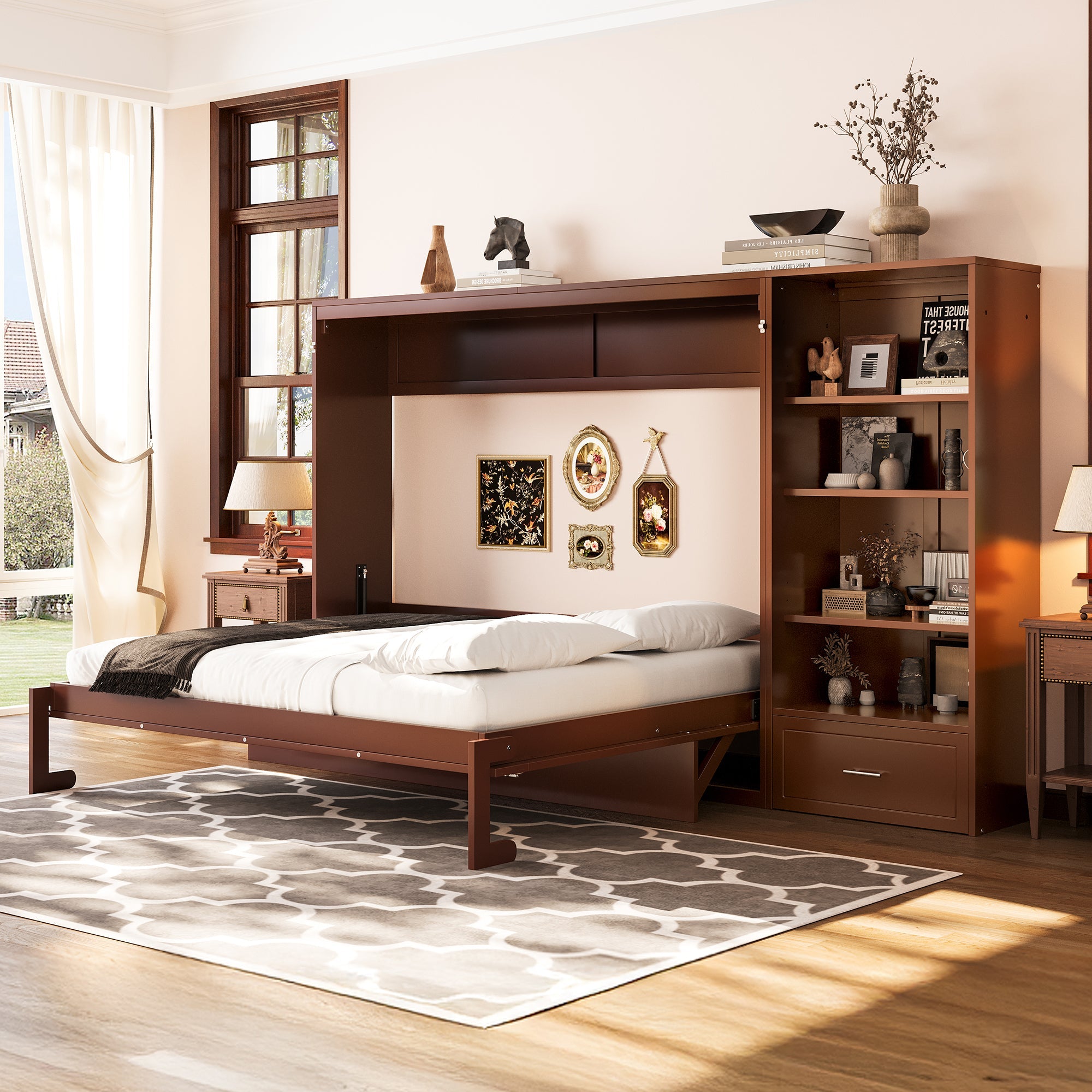 Queen Size Murphy Bed with Height Adjustable Storage Compartments and Shelf, Wall Bed Frame With 1 Drawer, Multifunctional Foldable Platform Bed for Small Space,Bedroom,Guest Room, Walnut