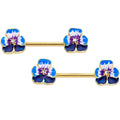 14G 9/16 Clear Gem Gold Tone Blue Spring Flower Nipple Ring Set