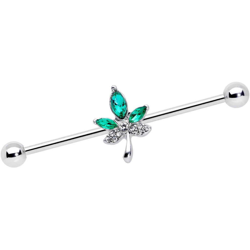 14G Clear Green Gem Pot Leaf Industrial Barbell 38mm